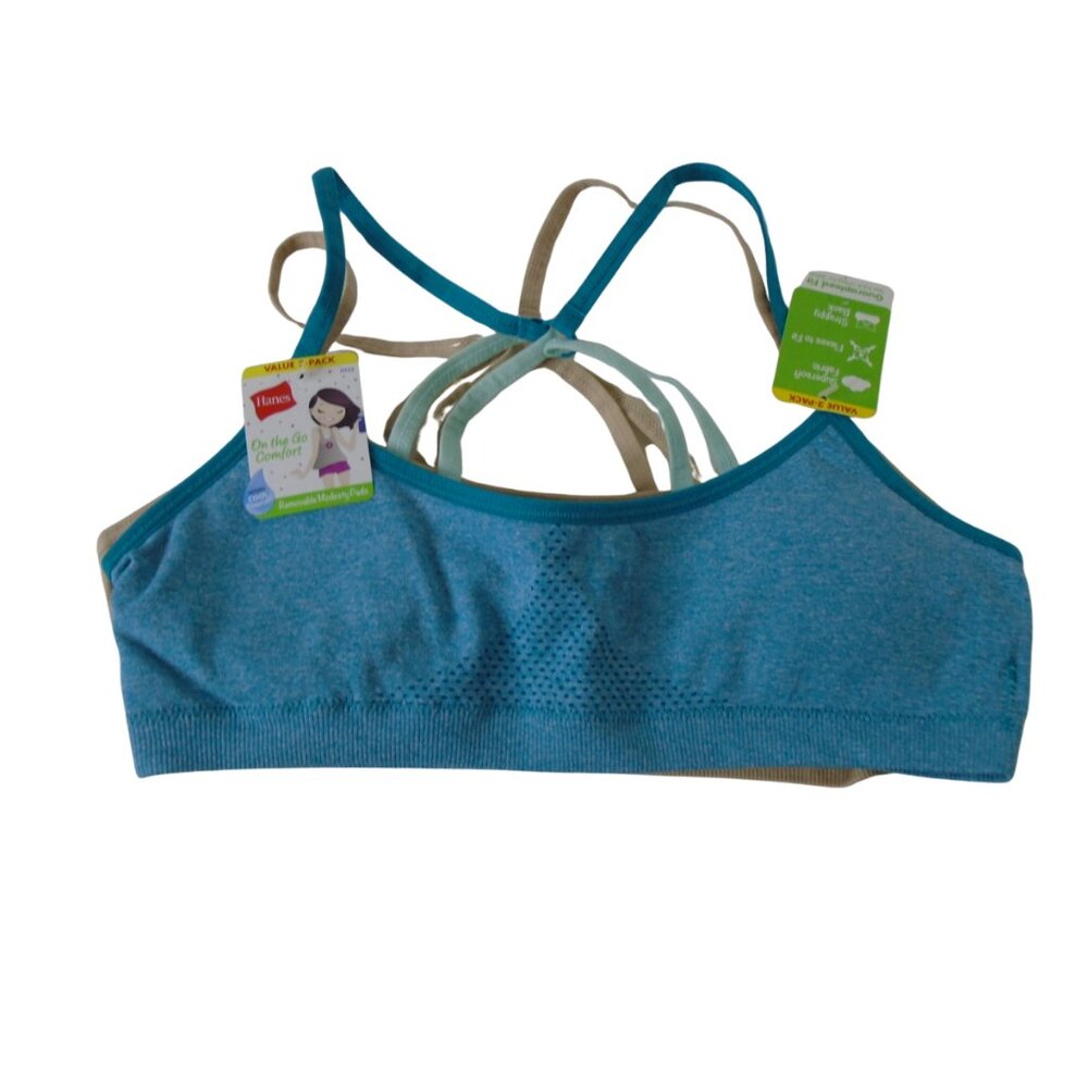 Hanes Size Large Girls' 2 Pack Seamless Strappy Racerback Bra Blue Tan